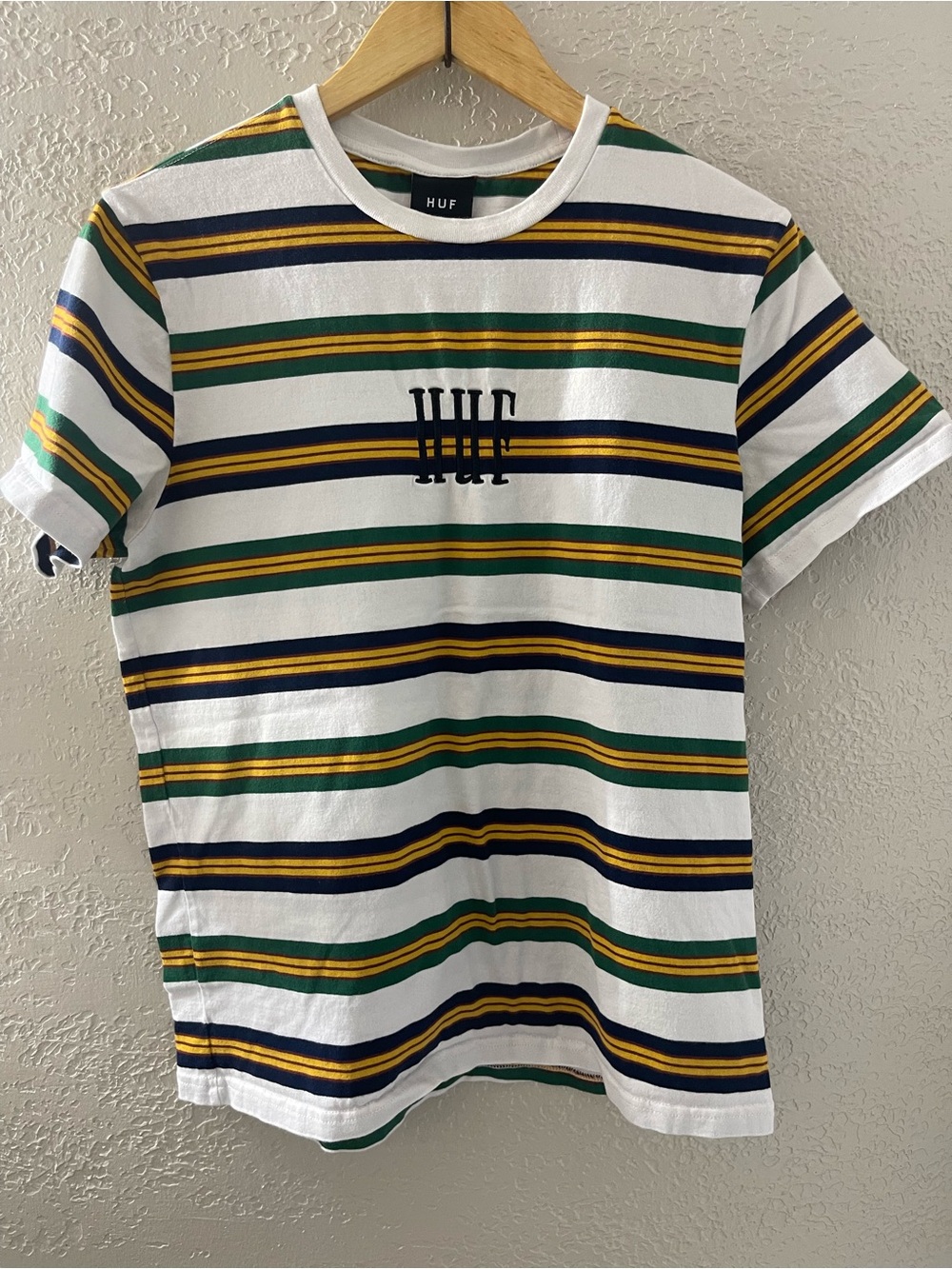Y2K HUF Men’s Crewneck White Striped Tee with Green, Navy & Yellow Size Medium